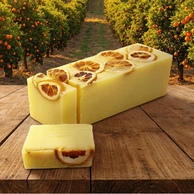 Two bars of soap with orange slices on a wooden table in front of an orange grove and rolling hills.
